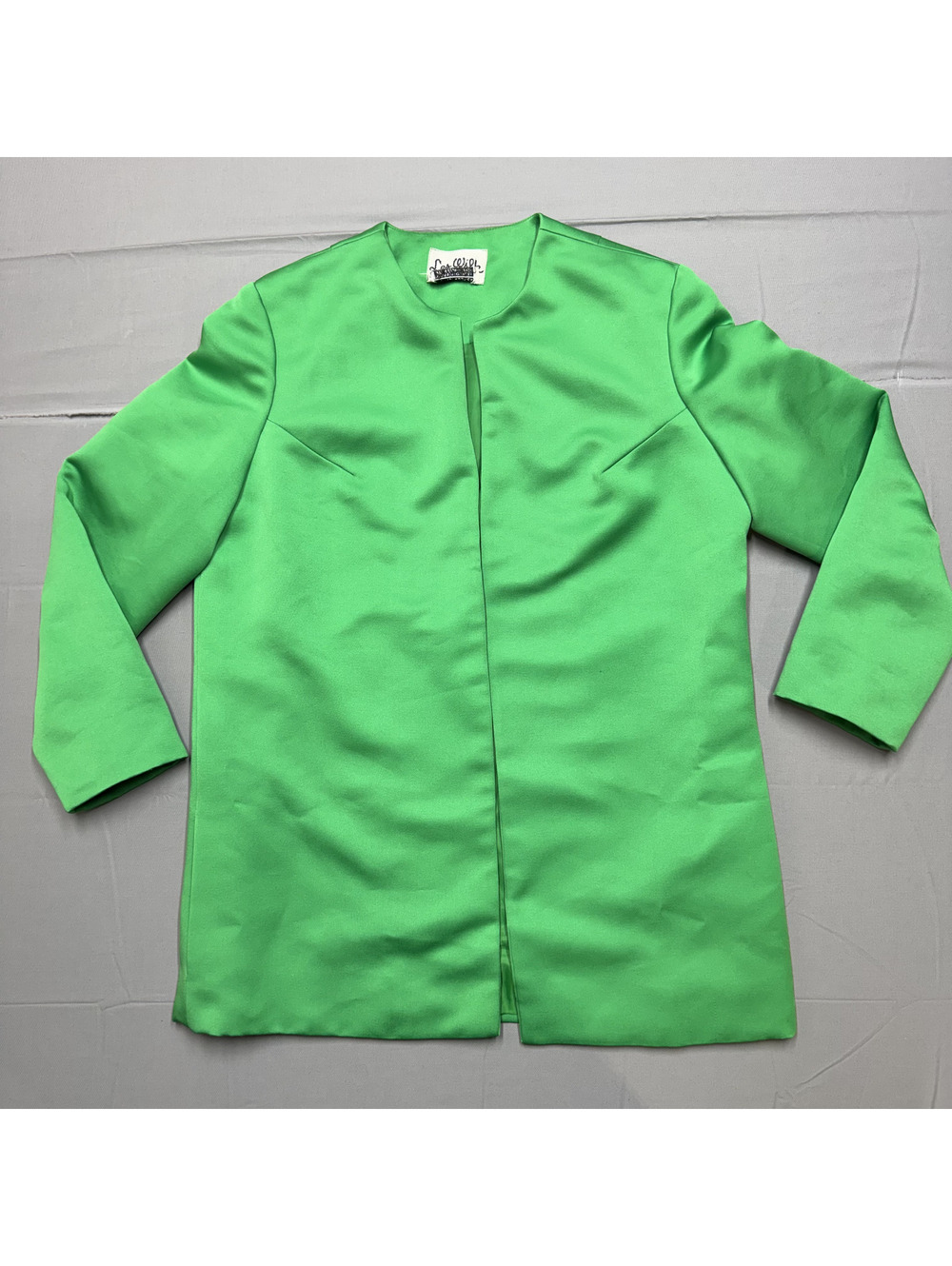 Les Wilk Vintage Womens Open Front Jacket Solid M Green Mod Retro Blazer